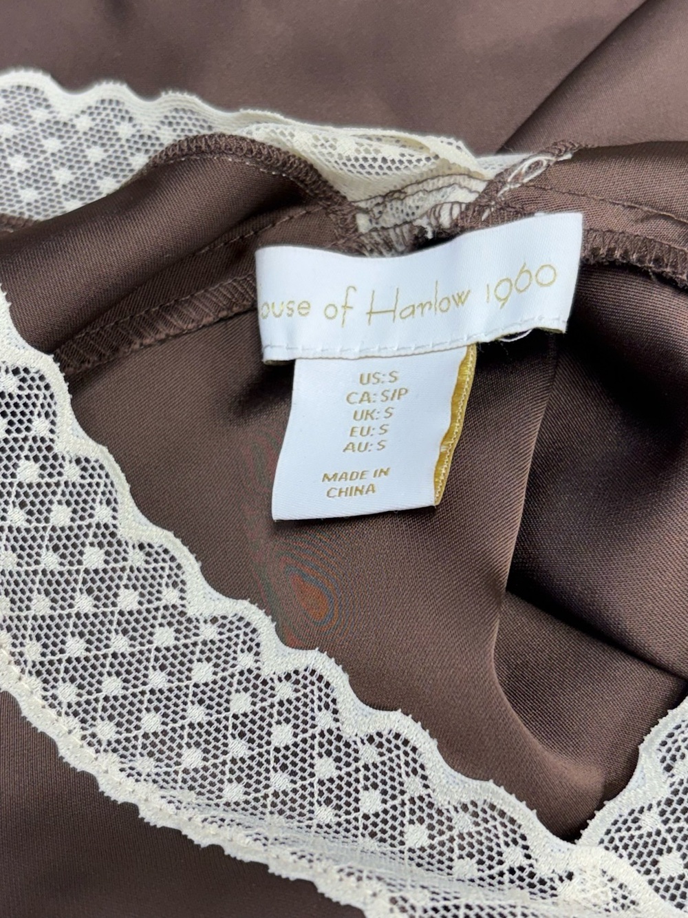 House of Harlow Chocolate Satin Chemise with Ivory Lace Trim - Picture 5 of 7